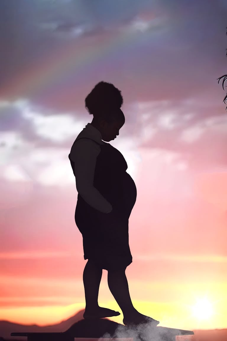 A Silhouette of a Pregnant Woman during the Golden Hour